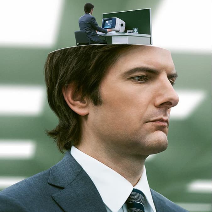 The poster for the TV show Severance. Little man sitting in big man's brain.