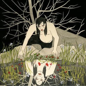 The book cover for Frankenstein. A man peering at his reflection in the water.
